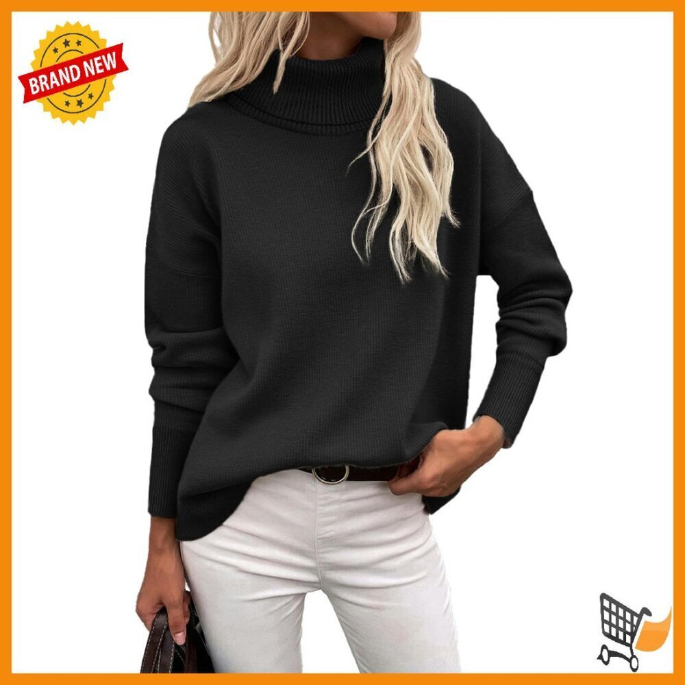 Women's Chunky Knit Turtleneck Sweater Oversized Pullover High Low Hem
